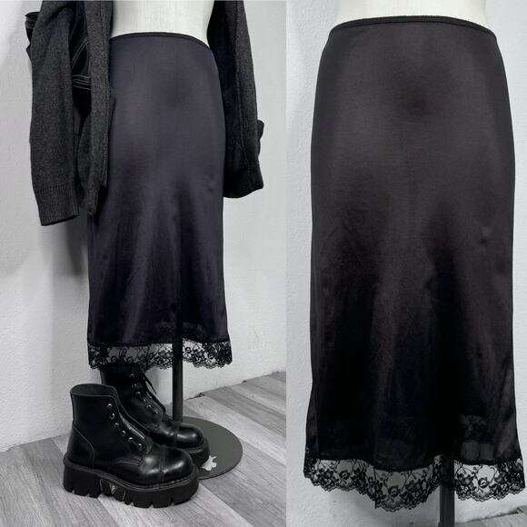 Vintage Semi Sheer Slip Skirt Lace Trim Size Small Black Midi Y2K Grunge Goth - Picture 7 of 7